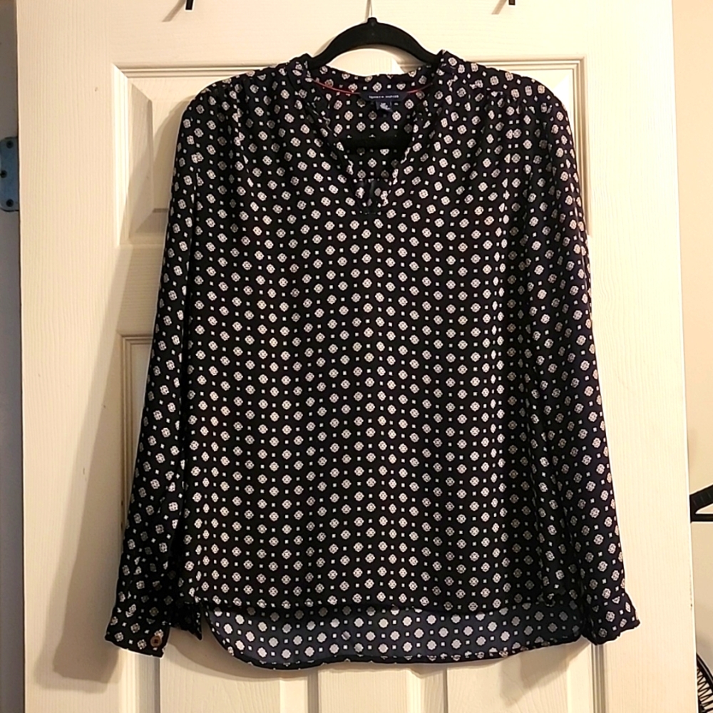 Womens Tommy Hilfiger top blouse S navy with accents long sleeve